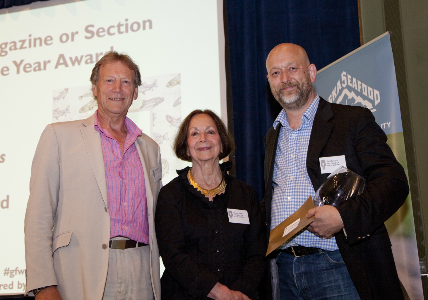 Coregeo’s Managing Director, Andy Macdonald (left) and Claudia Roden presenting Tim Hayward with the Food Magazine or Section of the Year Award (sponsored by Tenderstem®)